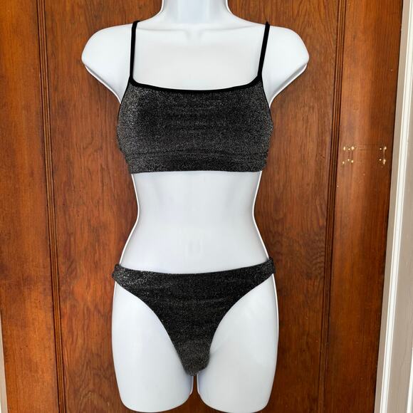aerie Other - NWT‎ Aerie Sparkle Straight Scoop Bikini Top Cheekiest Bottoms Small Black